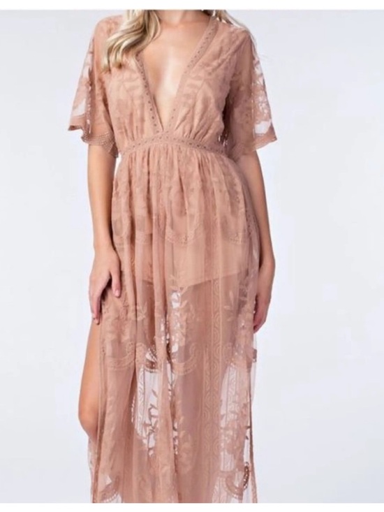 Honey Punch Pants - Honey Punch Dusty Rose Lace Plunge Maxi romper overlay size large